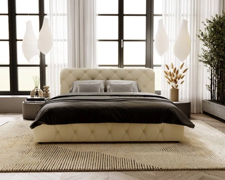 Łóżko tapicerowane Cloud 140x200 beżowe stylowe łóżko z pojemnikiem na pościel wygodny zagłówek zachwyca eleganckim designem