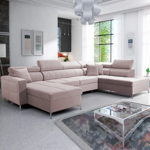 Narożnik z funkcją spania Nausa VI pudrowy róż lewostronny stylowy narożnik do salonu o komfortowym wykończeniu tkanina typu velvet