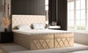 Łóżko kontynentalne Empoli 180x200 beżowe w nowoczesnym skandynawskim stylu z tapicerowanym zagłówkiem