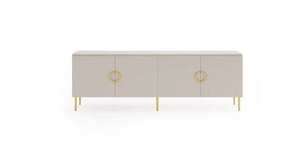 Komoda Belluna 180 cm beżowa designerska niska komoda doskonała do sypialni lub salonu stylowe złote uchwyty i wysoka podstawa