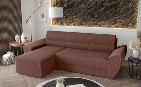 Narożnik z funkcją spania Fogu II indyjski róż lewostronny stylowy narożnik z komfortowymi podłokietnikami i pojemnikiem na pościel