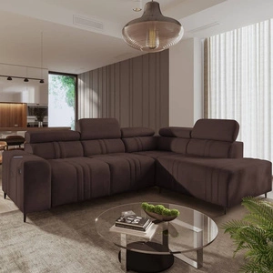 Narożnik z funkcją spania Castel VII brązowy prawostronny stylowy narożnik z pojemnikiem na pościel i regulowanymi zagłówkami