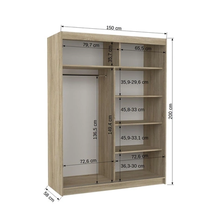 Szafa przesuwna Luft 150 cm dąb sonoma czekolada funkcjonalna szafa do sypialni fronty wykończone poziomymi srebrnymi listwami