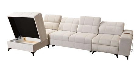 Narożnik z funkcją spania Penejos XII Lux łososiowy lewostronny stylowy narożnik rozkładany z komfortowym wysuwanym podnóżkiem