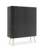 Komoda Zoya 103 cm czarna elegancki design owalny kształt bryły osadzony na złotych metalowych nogach gustowny ryflowany front