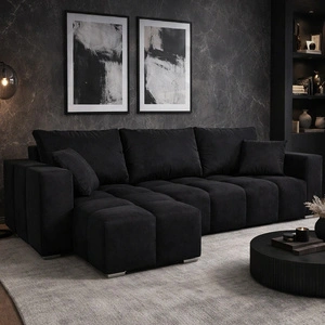 Narożnik z funkcją spania Linco czarny uniwersalny narożnik o nowoczesnym designie wykonany z miękkiej tkaniny typu plusz