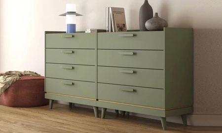 Komoda z szufladami Scandia 90 cm zielona / dąb olejowany stylowy design komody osadzonej na wysokich nogach idealna do salonu lub pokoju nastolatka