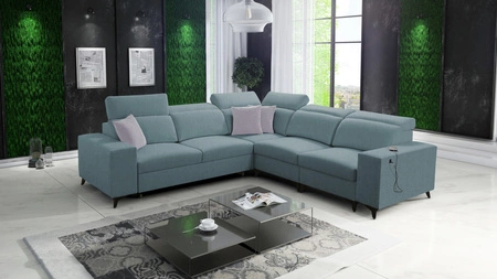 Narożnik z funkcją spania Kelly Sleek III arktyczny błękit prawostronny elegancki narożnik do salonu z dwoma pojemnikami na pościel