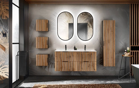 Szafka pod umywalkę Xilo 40 cm czarny / dąb wotan elegancka szafka do łazienki z ryflowanym frontem odporna na działanie wilgoci