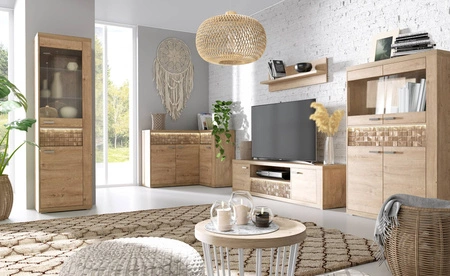 Komoda narożna Natural 132x96 cm dąb ribbeck designerska komoda z szufladami i oświetleniem LED dekoracyjna drewniana listwa