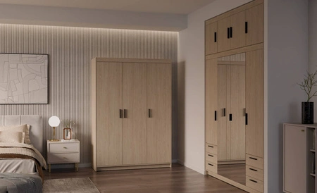 Szafa Rene 133 cm dąb olejowany stylowa szafa do sypialni o prostym klasycznym designie kontrastowe czarne uchwyty