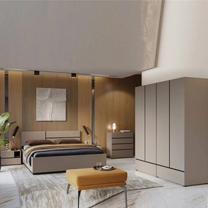 Zestaw mebli do sypialni Cross ciemny beżowy eleganckie i uniwersalne meble do sypialni geometryczny kształt pojemne szuflady