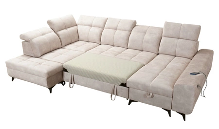 Narożnik z funkcją spania Buffalo VI miodowy prawostronny funkcjonalny i stylowy narożnik rozkładany z trzema pojemnikami na pościel