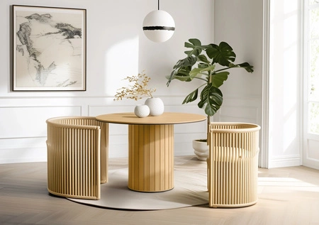 Stół okrągły Rotto 120 cm dąb vincenza nowoczesny design solidna podstawa przyozdobiona dekoracyjnymi lamelami stół do małej jadalni