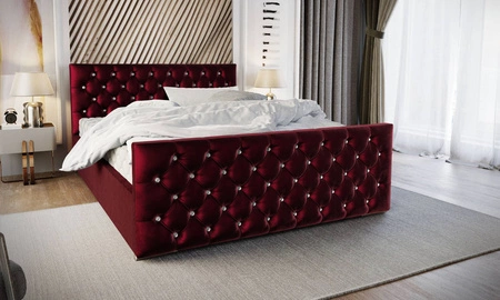 Łóżko tapicerowane Uberaba 180x200 bordowe z pojemnikiem w nowoczesnym skandynawskim stylu z pikowanym wezgłowiem i zanóżkiem z kryształkami