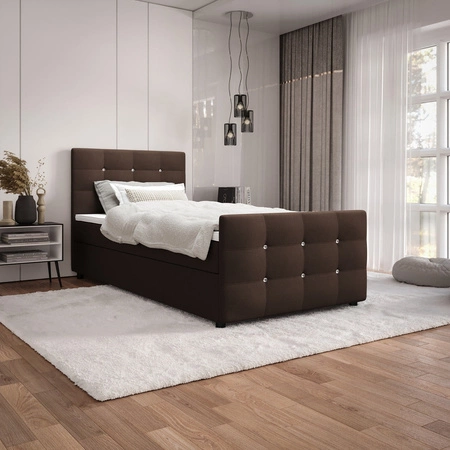 Łóżko kontynentalne Kansas 120x200 brązowe w nowoczesnym skandynawskim stylu z tapicerowanym zagłówkiem oraz zanóżkiem