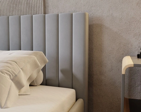 Łóżko tapicerowane Sobral 160x200 szary popiel komfortowe łóżko z pojemnikiem na pościel gustowny zagłówek i zanóżek