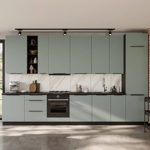 Zestaw mebli kuchennych Treviso Bl 390 cm stylowe szafki kuchenne z frontami wykonanymi w technologii anti fingerprint metalowe uchwyty