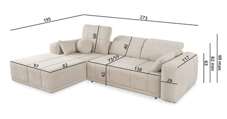 Narożnik z funkcją spania Cetara kremowy lewostronny stylowy design komfortowe przesuwane oparcia regulowane zagłówki