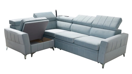 Narożnik z funkcją spania Rava II brązowy lewostronny velvet komfortowy narożnik z pojemnikiem na pościel wielofunkcyjna lampka