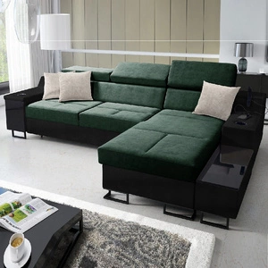 Narożnik z funkcją spania Alcamo zielony / czarny prawostronny elegancki i stylowy narożnik z dostawką praktyczna szuflada w boczku mebla