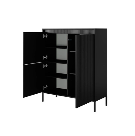 Komoda wysoka Sesti 104 cm czarna designerska komoda o oryginalnym wyglądzie osadzona na stabilnej metalowej podstawie