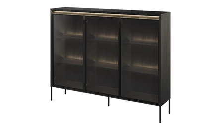 Komoda Trend 150 cm czarna designerski przeszklony front klimatyczne oświetlenie w postaci paska led pod górnym blatem