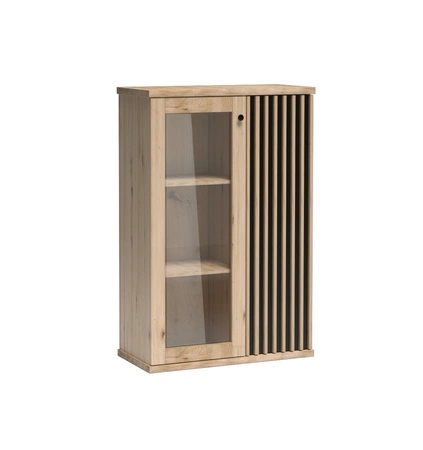 Witryna niska Cali 86 cm dąb artisan / czarny stylowa witryna do salonu drzwi witryny ozdobione lamelami w kolorze dębu czarny uchwyt