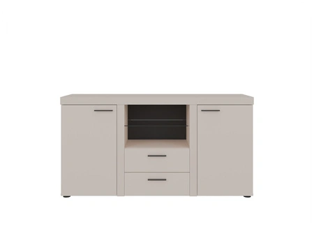 Komoda z szufladami Rene 156 cm beż piaskowy elegancki i uniwersalny styl komody do salonu gustowne czarne uchwyty