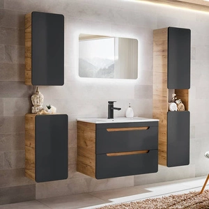 Zestaw mebli łazienkowych Aruba dąb craft złoty / czarny stylowe meble do łazienki o ciekawym zaoblonym kształcie frezowane uchwyty