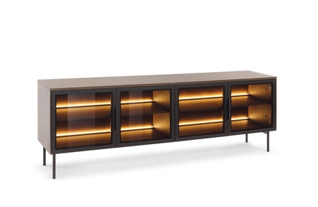 Szafka RTV Lumi 181 cm dąb dunin designerska stylistyka szafki pod telewizor z przeszklonymi frontami i klimatycznym oświetleniem ledowym