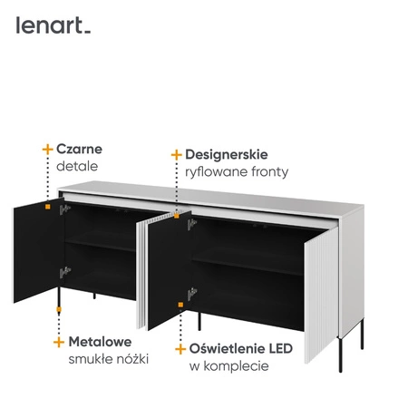 Komoda Trend 193 cm biała wyjątkowy design pojemna komoda do salonu z oświetleniem LED charakterystyczne ryflowane fronty