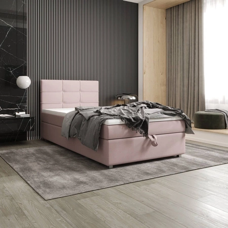 Łóżko kontynentalne Fresno 90x200 pudrowy róż w nowoczesnym skandynawskim stylu z tapicerowanym zagłówkiem łóżko z pojemnikiem