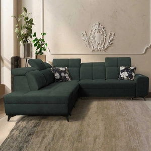 Narożnik z funkcją spania Buffalo IX zielony lewostronny stylowy narożnik do pokoju wykonany z welurowej tkaniny ozdobne poduszki