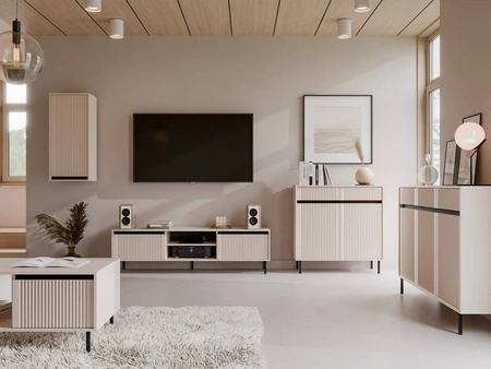 Komoda z szufladami Osaka 100 cm beżowa / czarny minimalistyczny design doskonała propozycja komody do salonu i sypialni gustowny ryflowany front