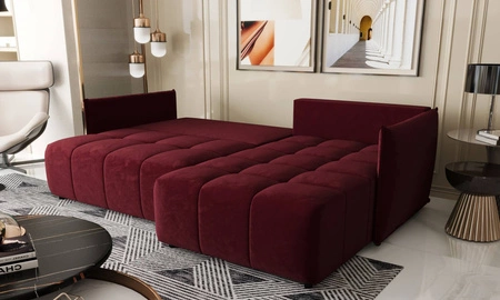 Narożnik z funkcją spania Oroso bordowy prawostronny miękka tkanina typu velvet z powłoką hydrofobową pojemnik na pościel