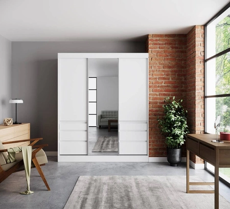 Szafa przesuwna z lustrem Haidar 180 cm biała funkcjonalna i użytkowa szafa z szufladami doskonała do mniejszych pomieszczeń