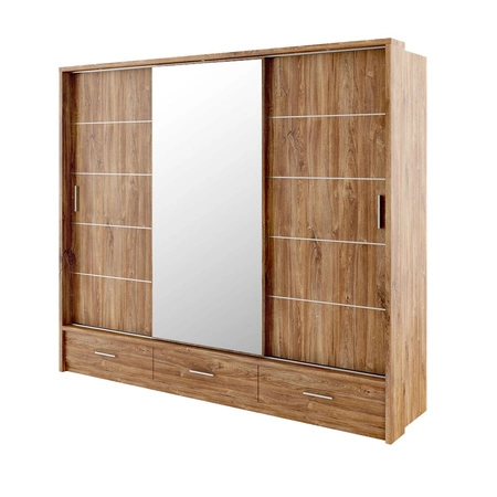 Szafa przesuwna z lustrem Arti 250 cm dąb stirling estetycznie wykonana szafa do sypialni wzbogacona oświetleniem LED pojemne szuflady