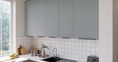 Zestaw mebli kuchennych narożny Treviso Wh 290x230 cm stylowe szafki kuchenne z frontami wykonanymi w technologii anti fingerprint