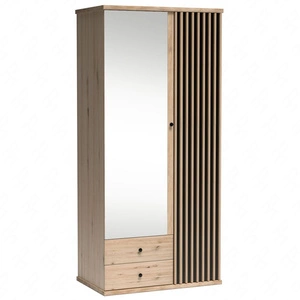 Szafa z lustrem Cali 100 cm dąb artisan / czarny drzwi szafy ozdobione lamelami w kolorze dębu czarne uchwyty