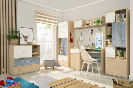 Komoda z szufladami Cary 90 cm dąb biszkoptowy / biała / beton idealna do pokoju młodzieżowego stylowa i funkcjonalna posiada nowoczesny wygląd