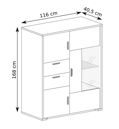 Witryna szeroka Grand 116 cm dąb cremona elegancka i funkcjonalna witryna z zaoblonymi detalami elementy z bezpiecznego szkła metalowe uchwyty