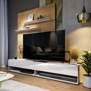 Szafka RTV Nea 180 cm biała / biały połysk z możliwością powieszenia i półkami stylowy design wpisujący się w każde wnętrze