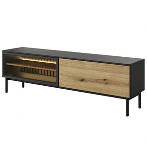 Szafka RTV Clovis 180 cm czarny / dąb evoke praktyczna i stylowa szafka z przeszklonym frontem wzbogacona o oświetlenie LED