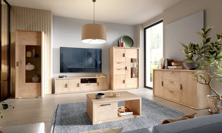 Szafka RTV Grand 139 cm dąb cremona elegancka i funkcjonalna szafka z szufladą z zaoblonymi detalami subtelne metalowe uchwyty