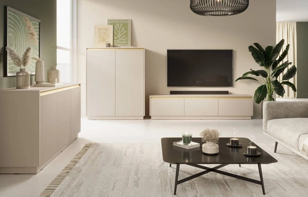 Komoda Imperial 154 cm beżowa nowoczesny design elegancka komoda z frezowanymi frontami i uchwytami w kolorze szczotkowanego złota