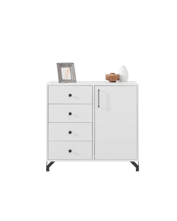 Komoda z szufladami Skien 90 cm biały połysk elegancka stylistyka prosta forma mebla wzbogacona o stylowe metalowe elementy czarne nogi 