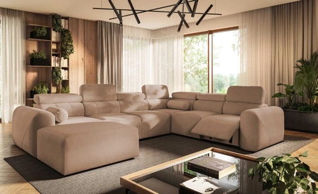 Narożnik z funkcją spania Cantare VIII Lux łososiowy lewostronny designerski narożnik z elektrycznie podnoszonym podnóżkiem