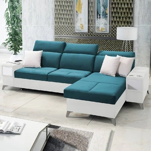 Narożnik z funkcją spania Elgin turkusowy / biały prawostronny narożnik z regulowanymi zagłówkami praktyczne szuflady w boczkach mebla