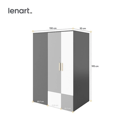 Szafa narożna Pok grafit / szary / biały / buk ibsen prawa garderoba do pokoju młodzieżowego z wewnętrznym oświetleniem i lustrem